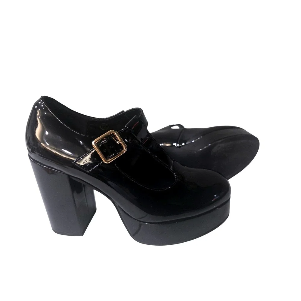 Coutgo Womens Black Patent Mary Jane Platform T-Strap Chunky Block Heel Sz 7.5